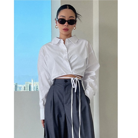 Cotton White Crop Button Up Down Was it Ties Long Sleeve Collared Shirt - Picture 7 of 10